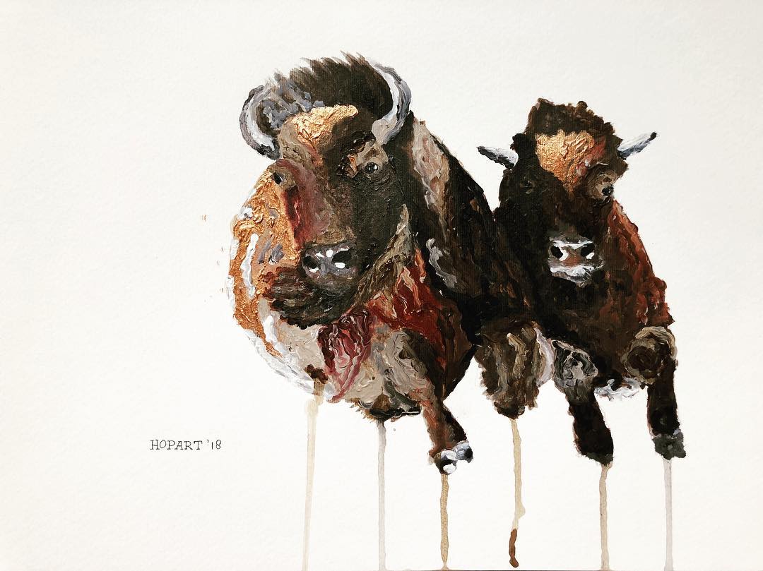 Running bisons on paper 40 x 50 cm