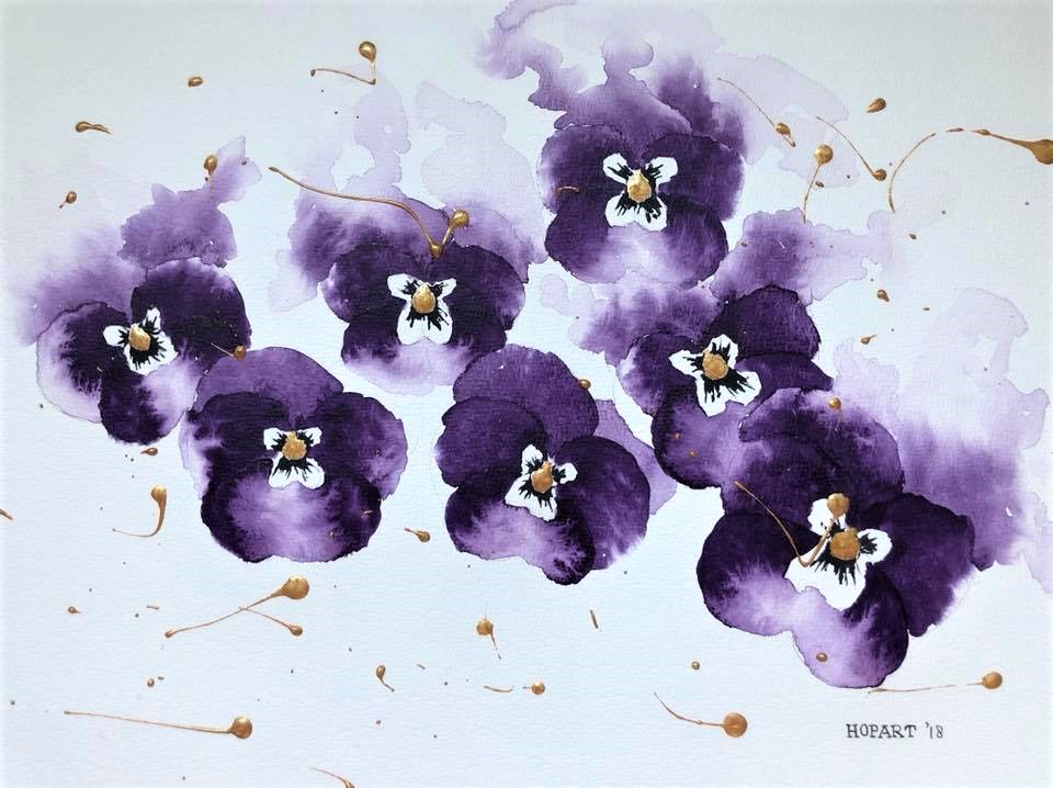 Violets with gold hearts in aquarel, 30 x 40 cm