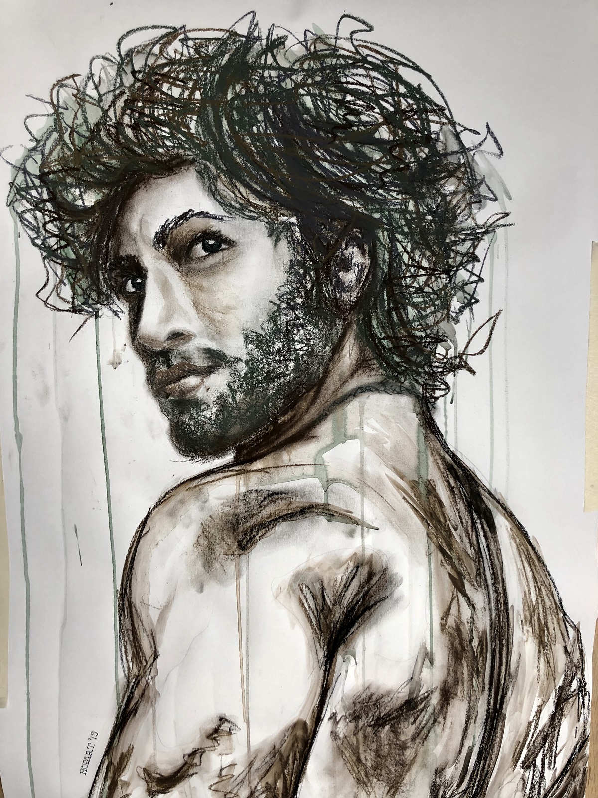 Portrait of 50 x 70 cm on paper man green