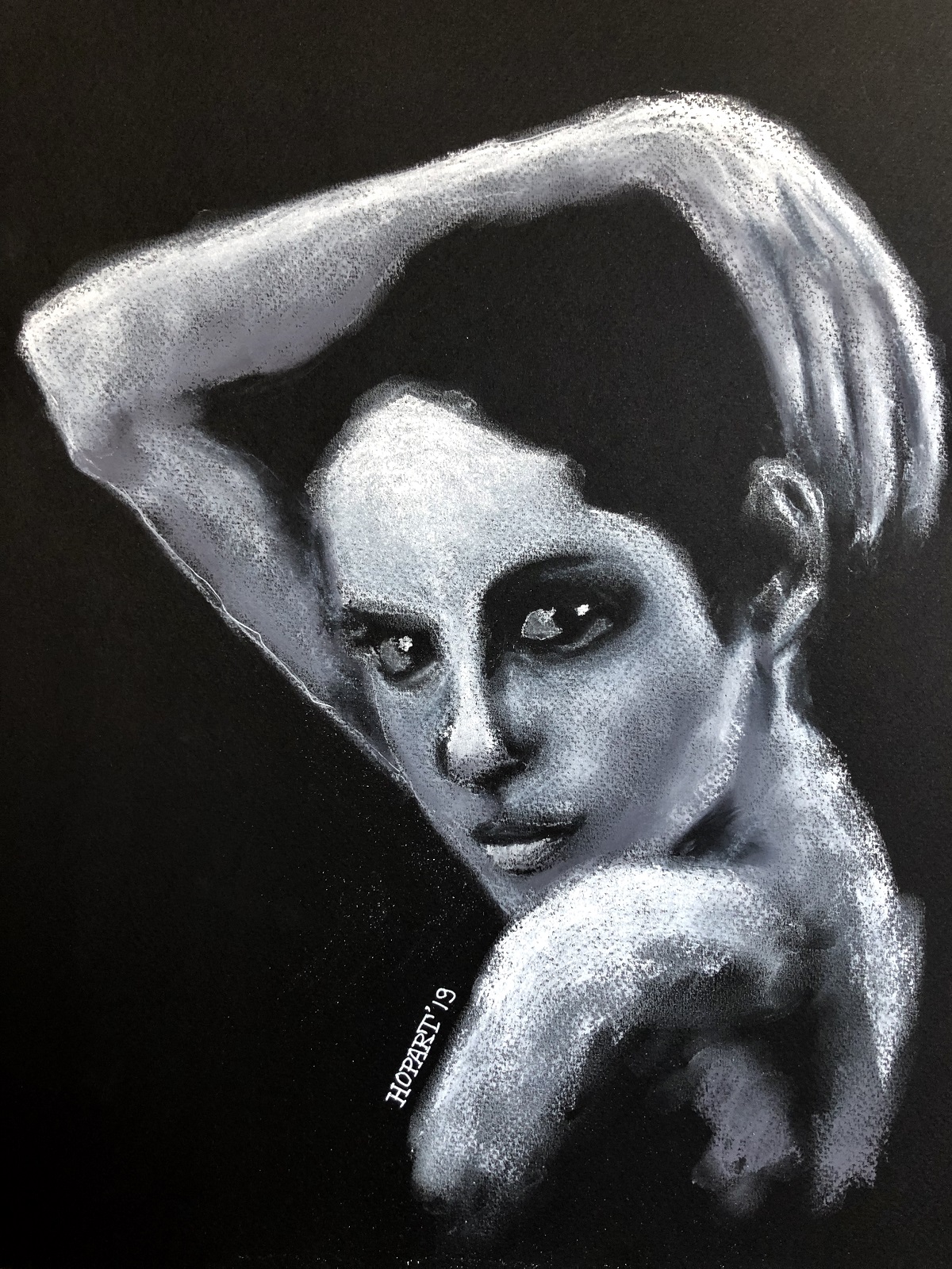 White on black pastel drawing