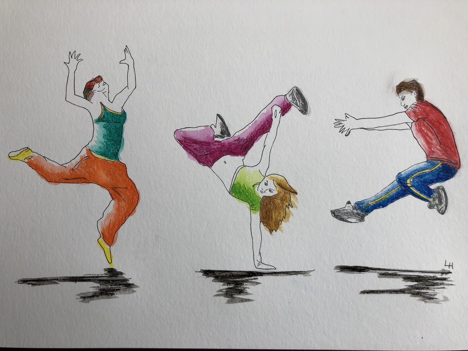 Street dancers on paper with markers, 30 x 40 cm